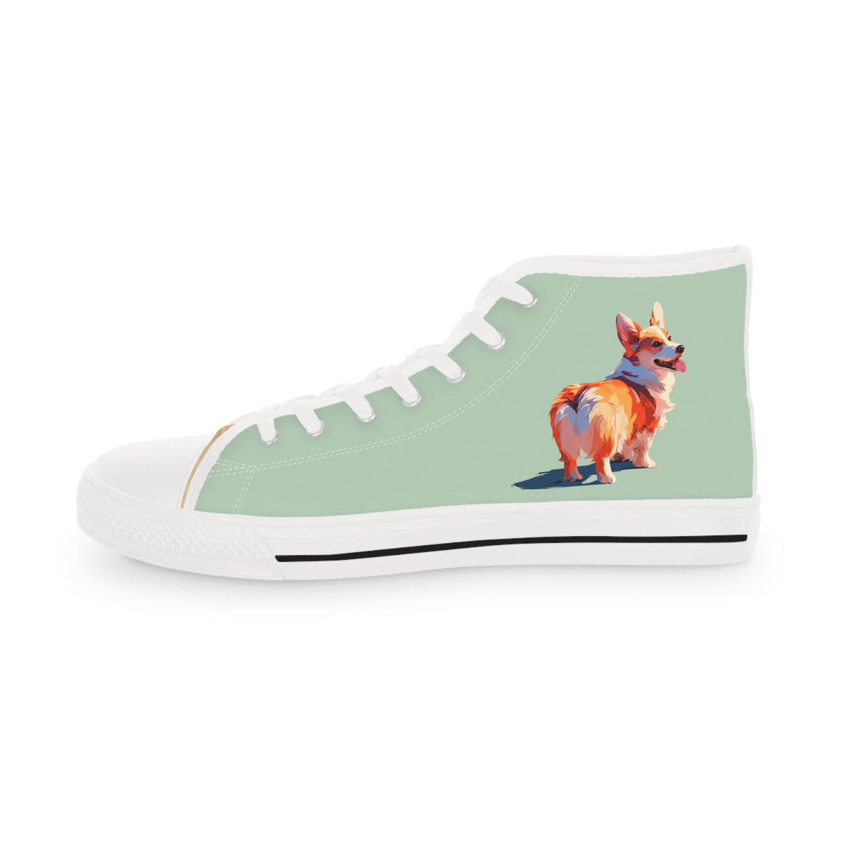Corgi Classico Men's High-Top Sneakers - Watercolor Wiggler on Momo Mint Canvas with Flaxen Fawn Fur-Effect Tongues