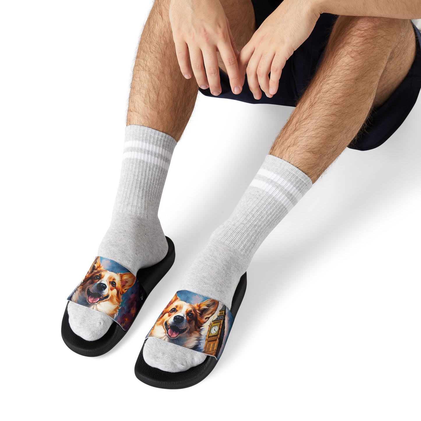 Corgi & Big Ben in London Men's Slide Sandals - Casual Pool & Beach Slides
