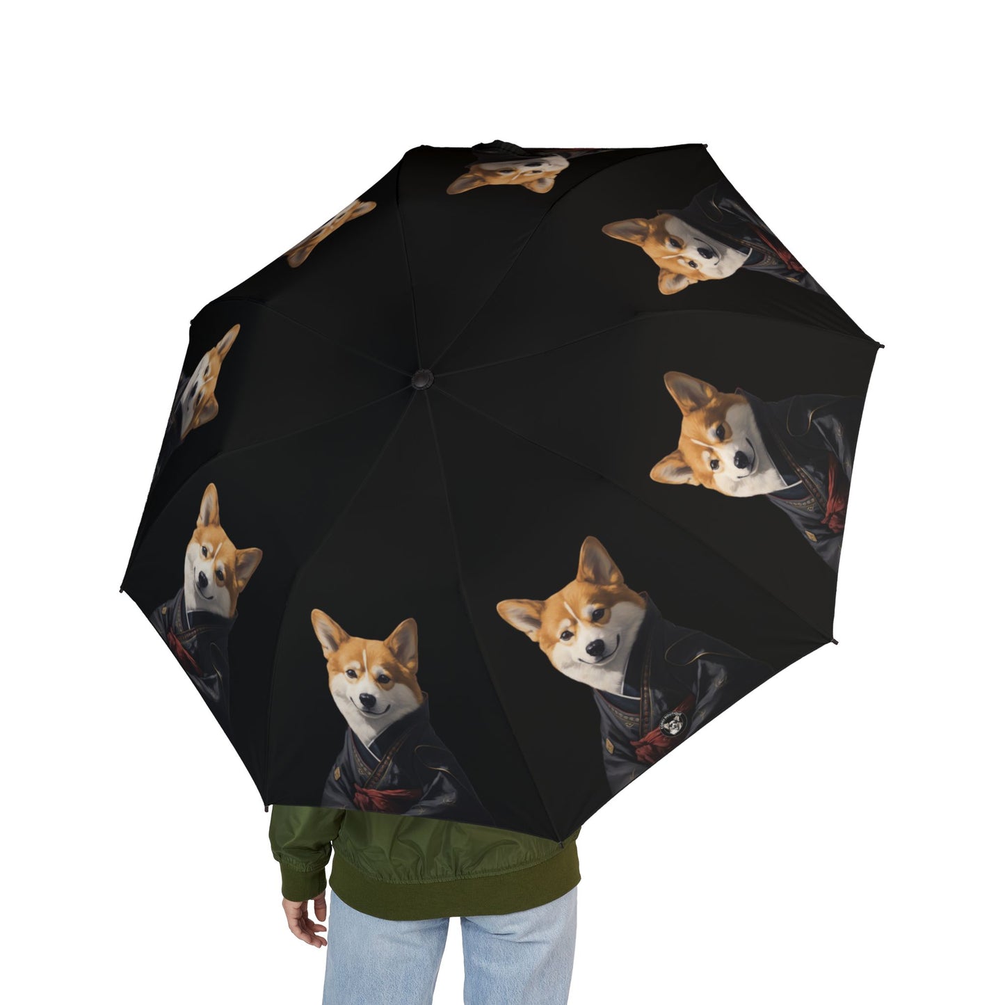 Samurai Corgi Portrait Foldable Umbrella — Japanese Theme Compact Rain Parasol