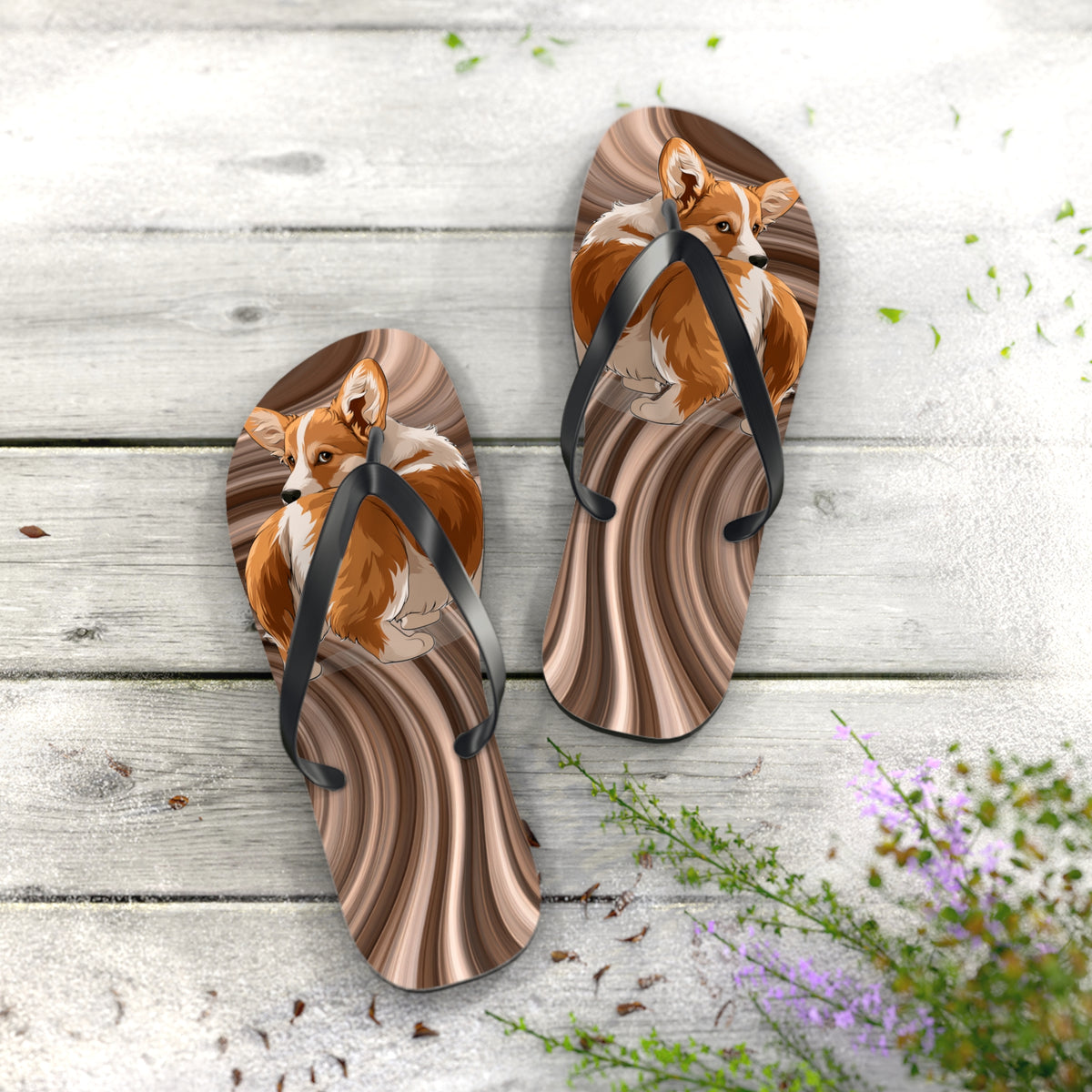 Butt What? Talk To The Butt Contemptuous Corgi Unisex Flip Flops – Comical Swirling Brown Corgi Beach Sandals