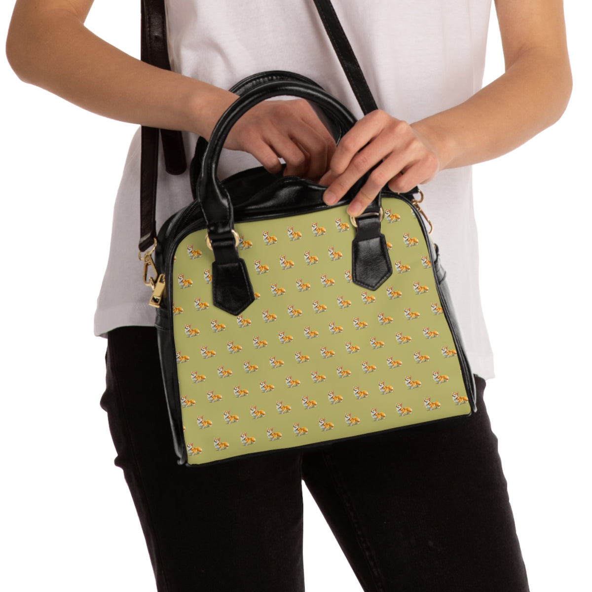 The Queen's Corgi Companion Repeater Pattern Khaki & Black Shoulder Handbag