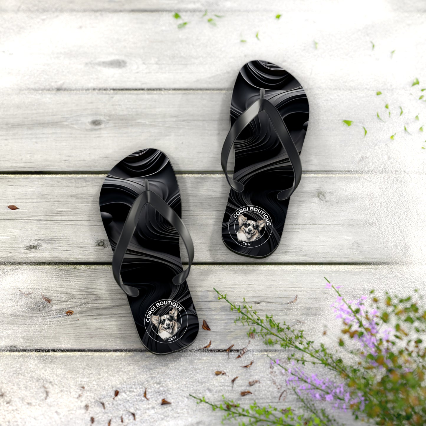 Corgi Boutique Black Swirl Flip Flops with our Custom Logo — Stylish Beach & Pool Sandals
