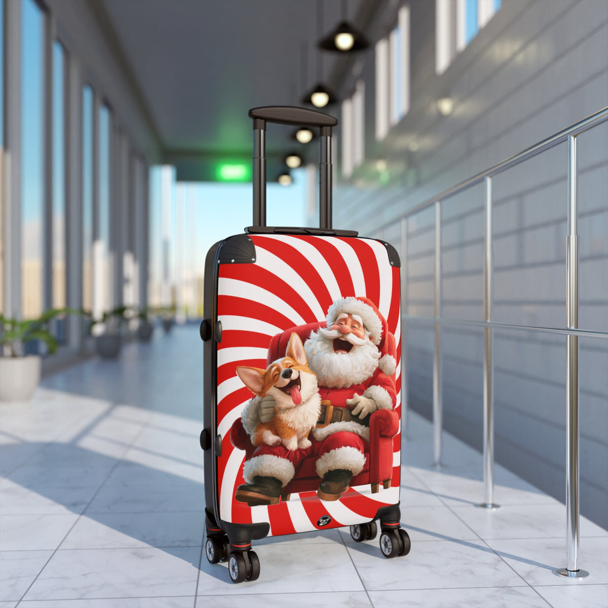 Christmas Corgi Sitting On Santa's Lap Suitcases — Holiday Luggage with Festive Candy-Cane Design