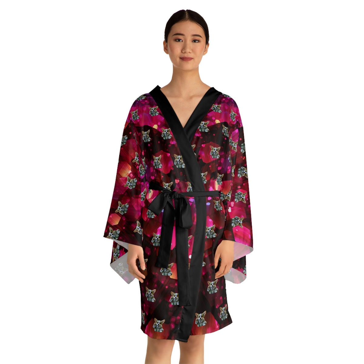 Baby Corgi Star Warrior Kimono Robe - Black Red & Purple Housecoat