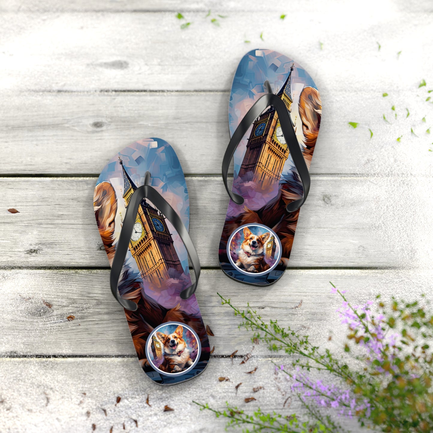 Corgi & Big Ben Artistic Unisex Flip Flops — London Themed Corgi Sandals