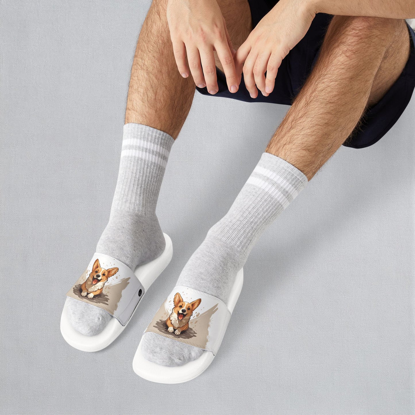Corgi Cuteness Anime Print Men's Beige & White Slide Sandals - Casual Pool & Beach Slides