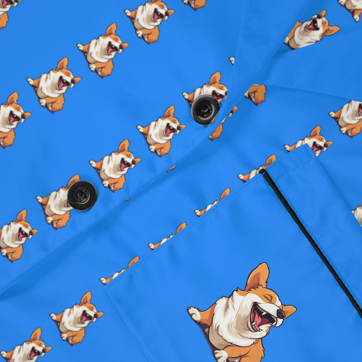 Comical Corgi All Smiles Repeater Stripes Blue Silky Pajamas