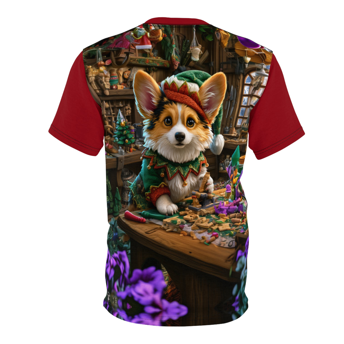 Santa's Little Helper Unisex Bold Designer Tee - Corgi Elf in the Workshop with Rudolph Red Sleeves (Part of the Holiday Collection)