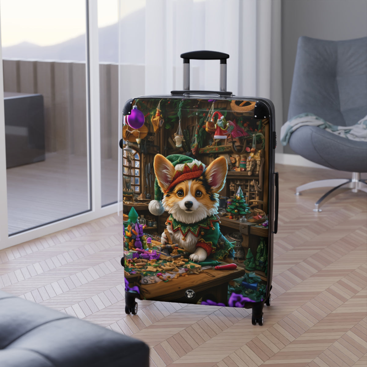 Santa's Little Helper Christmas Corgi Elf Suitcases — Festive Holiday Rolling Luggage