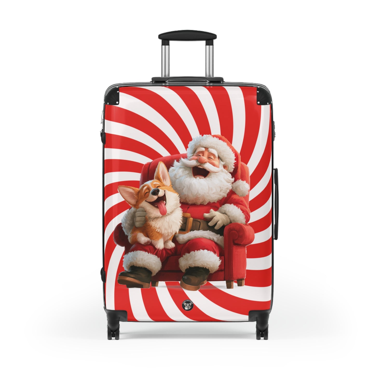Christmas Corgi Sitting On Santa's Lap Suitcases — Holiday Luggage with Festive Candy-Cane Design
