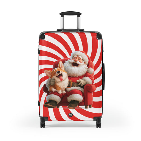 Christmas Corgi Sitting On Santa's Lap Suitcases — Holiday Luggage with Festive Candy-Cane Design