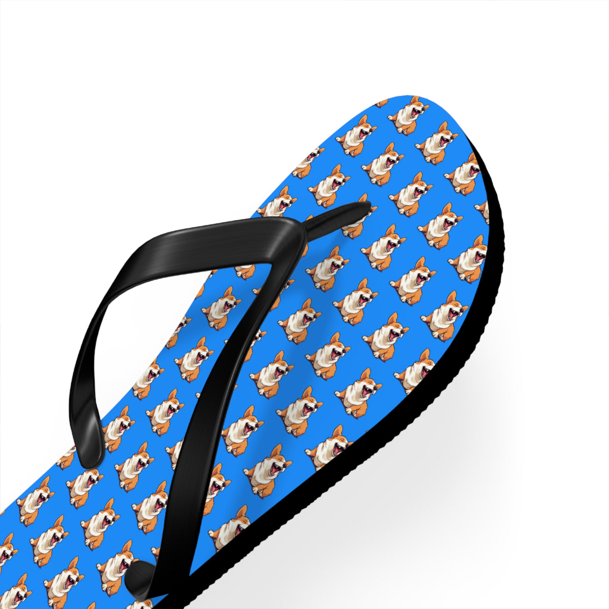 Comical Corgi All Smiles Repeater Pattern Artistic Unisex Flip Flops — Cute & Funny Corgi Themed Blue Sandals