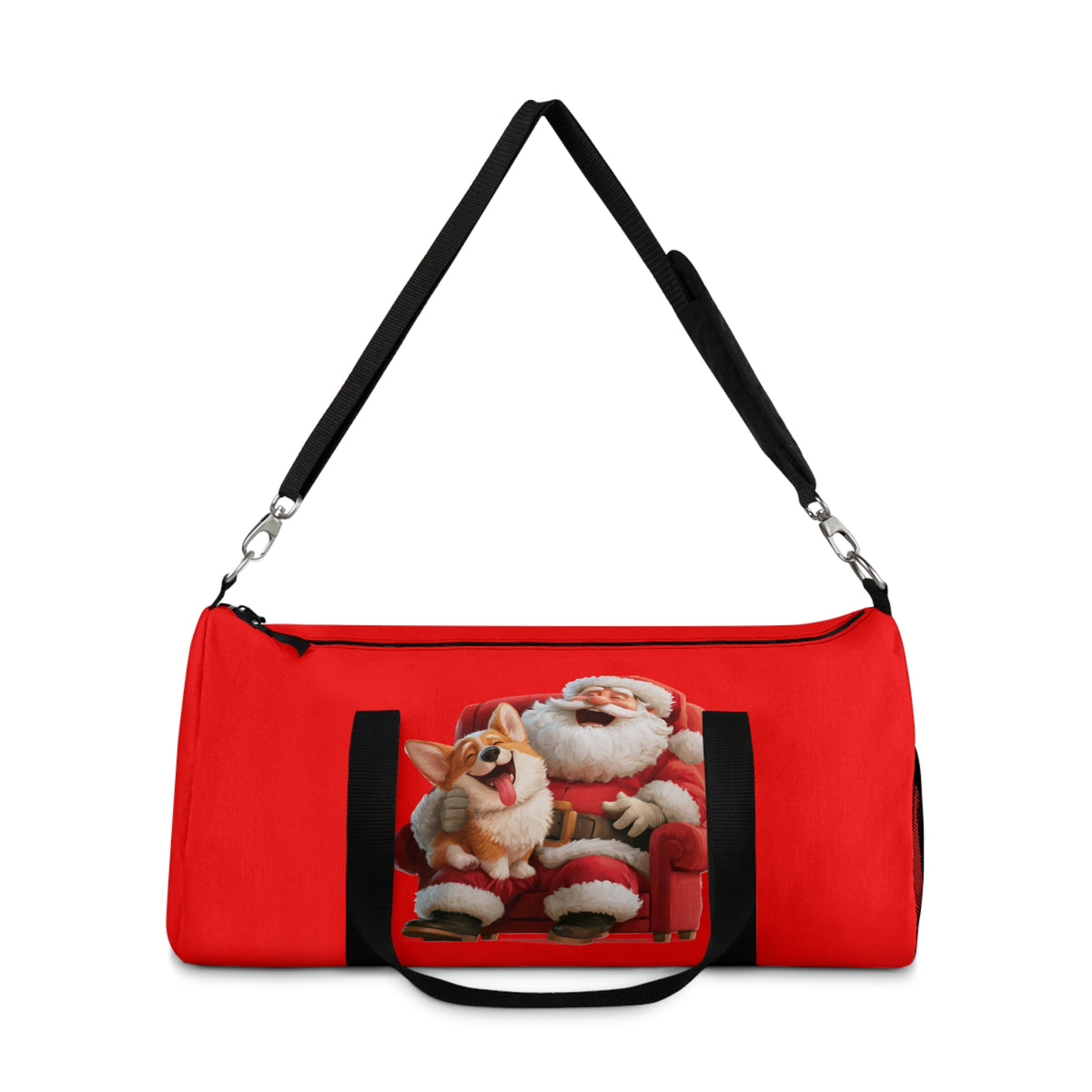 Christmas Corgi Sitting on Santa's Lap Duffel Bag - Festive Red Holiday Corgi Travel Gym Bag