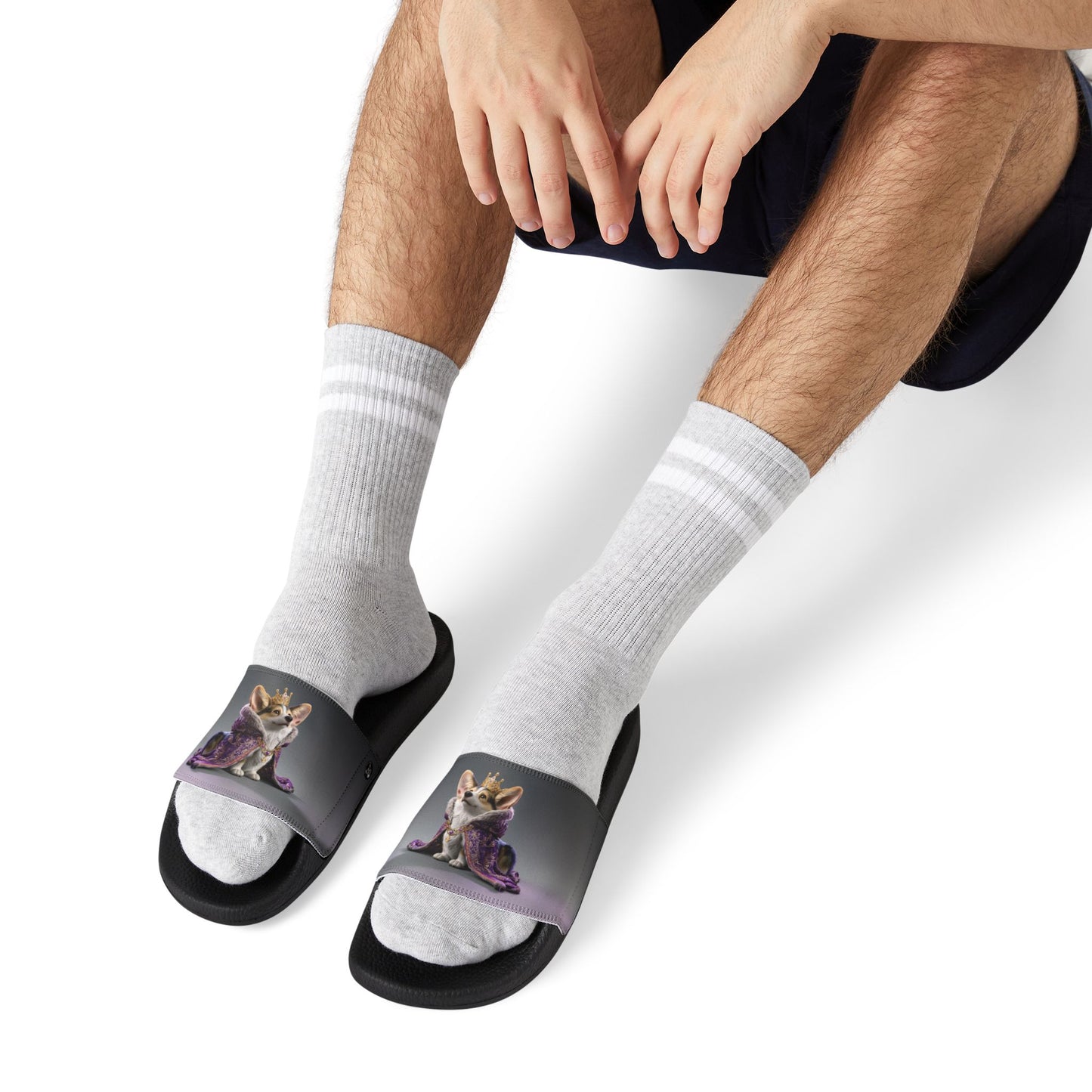 King Pup Cute Corgi Face Men's Slide Sandals - Casual Pool & Beach Slides