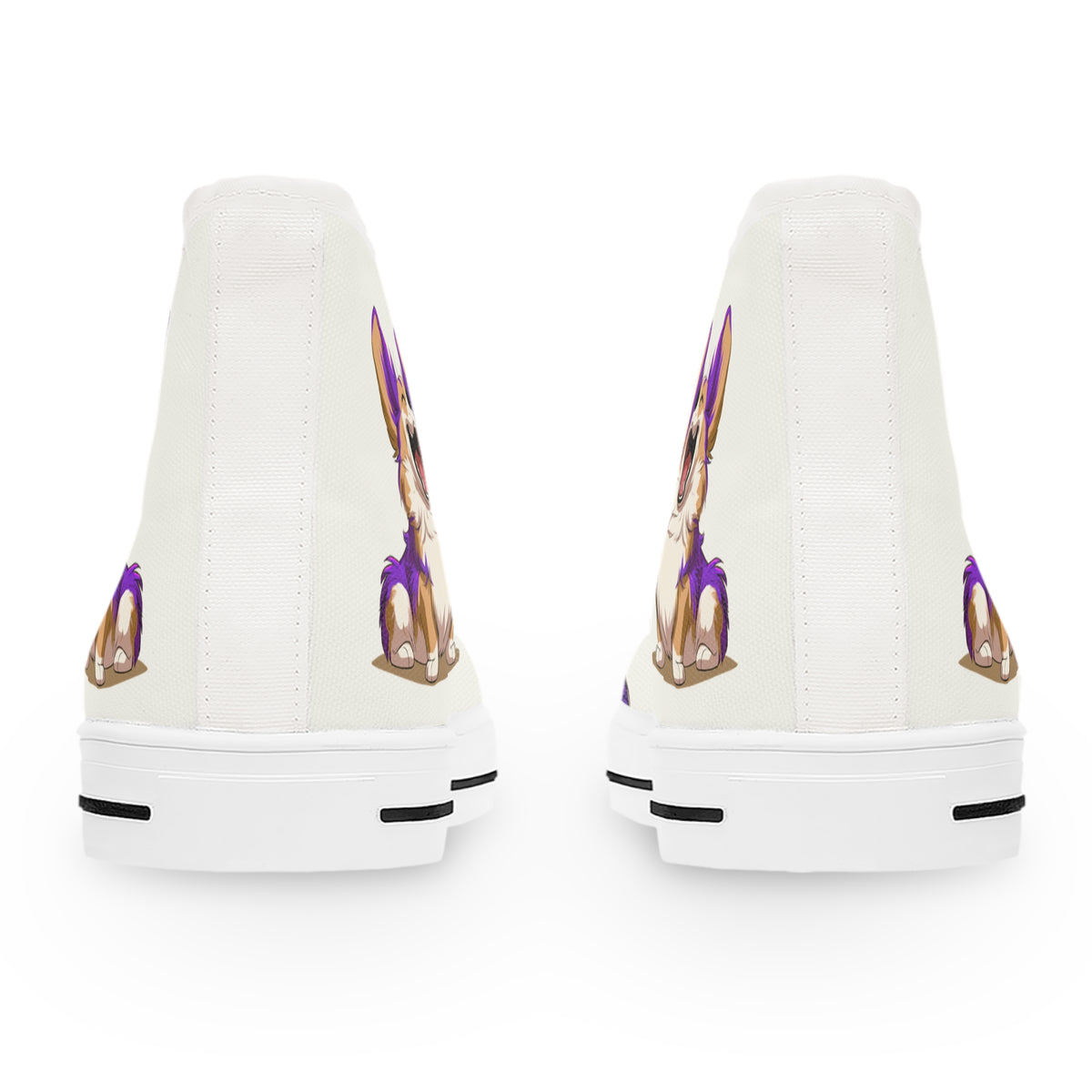 Purple Patch Women's High-Top Sneakers - Carefree Corgi on Marzipan White Canvas with Very Violet Fur-Effect Accents