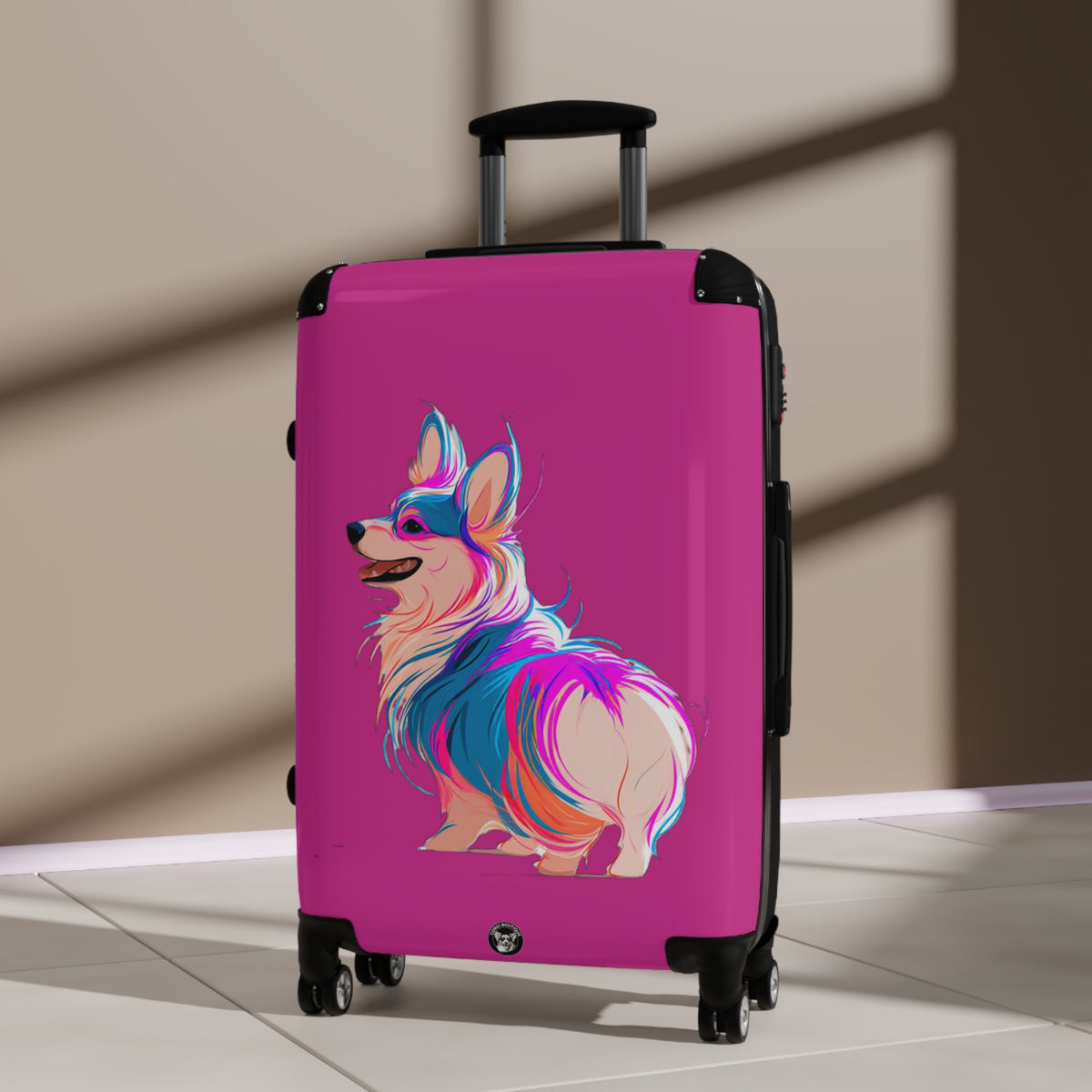 Party Punk Rock Pup Colorful Corgi Suitcases — Vibrant Fuchsia Rolling Luggage
