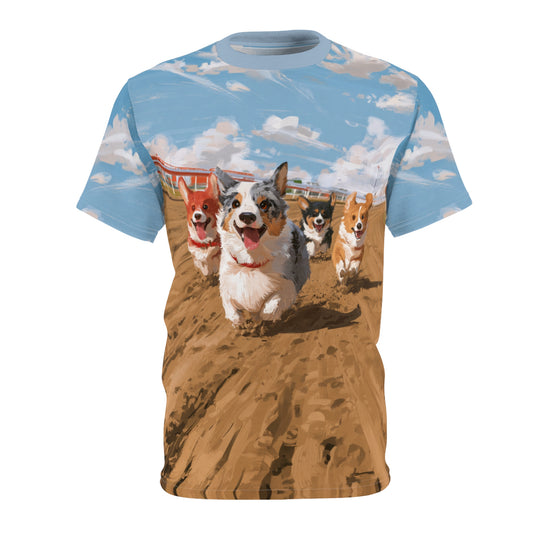 Off to the Races Unisex Bold Designer Tee - Corgi Racing Under Breezy Blue Skies