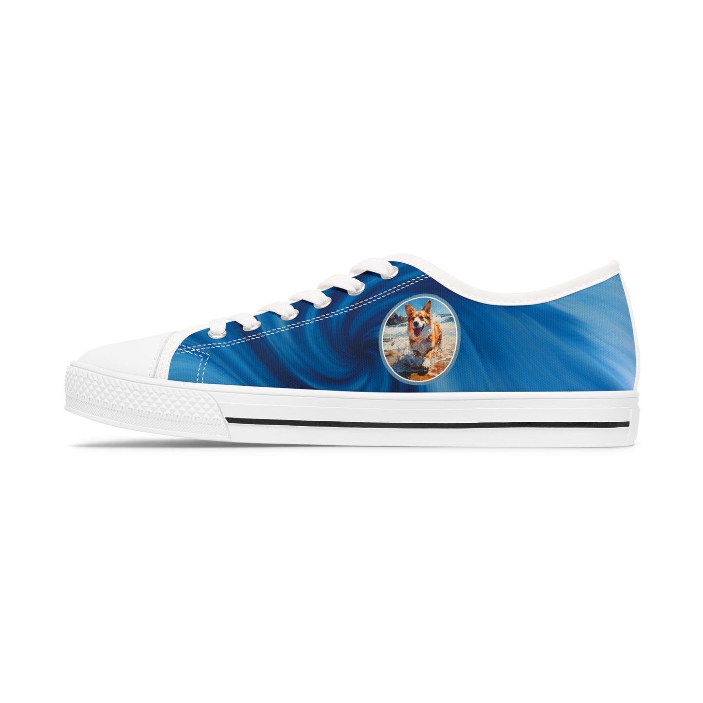 Coastal Corgi Blue Swirl Women's Low Top Casual Canvas Sneakers