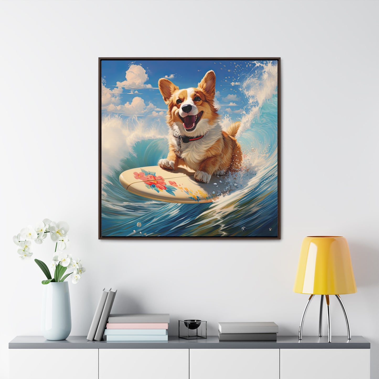 Cowabunga Corgi - Framed on Canvas