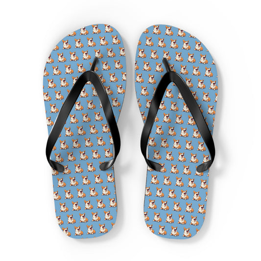 Comical Corgi Pattern Artistic Unisex Flip Flops — Cute & Funny Corgi Themed Sandals on Carolina Blue
