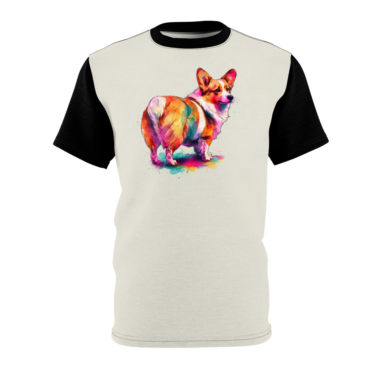 Waddle Mottle Maximized Unisex Bold Designer Tee - Watercolor Corgi on Crema with Phantom Black Sleeves