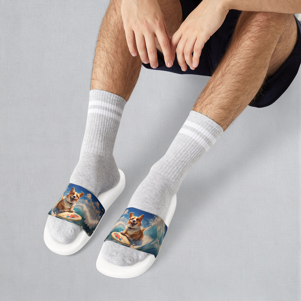Cowabunga Corgi Big Blue Ocean Wave Men's Slide Sandals - Casual Pool & Beach Slides