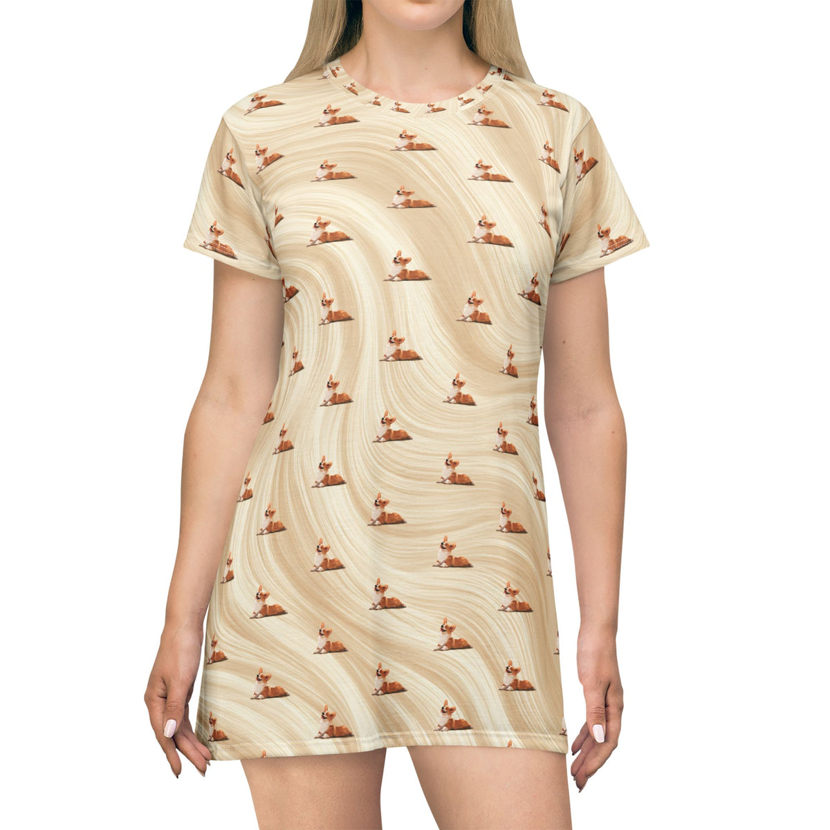 Giddy Sploot Repeater Pattern T-Dress - Creamy Champagne Swirl Dress