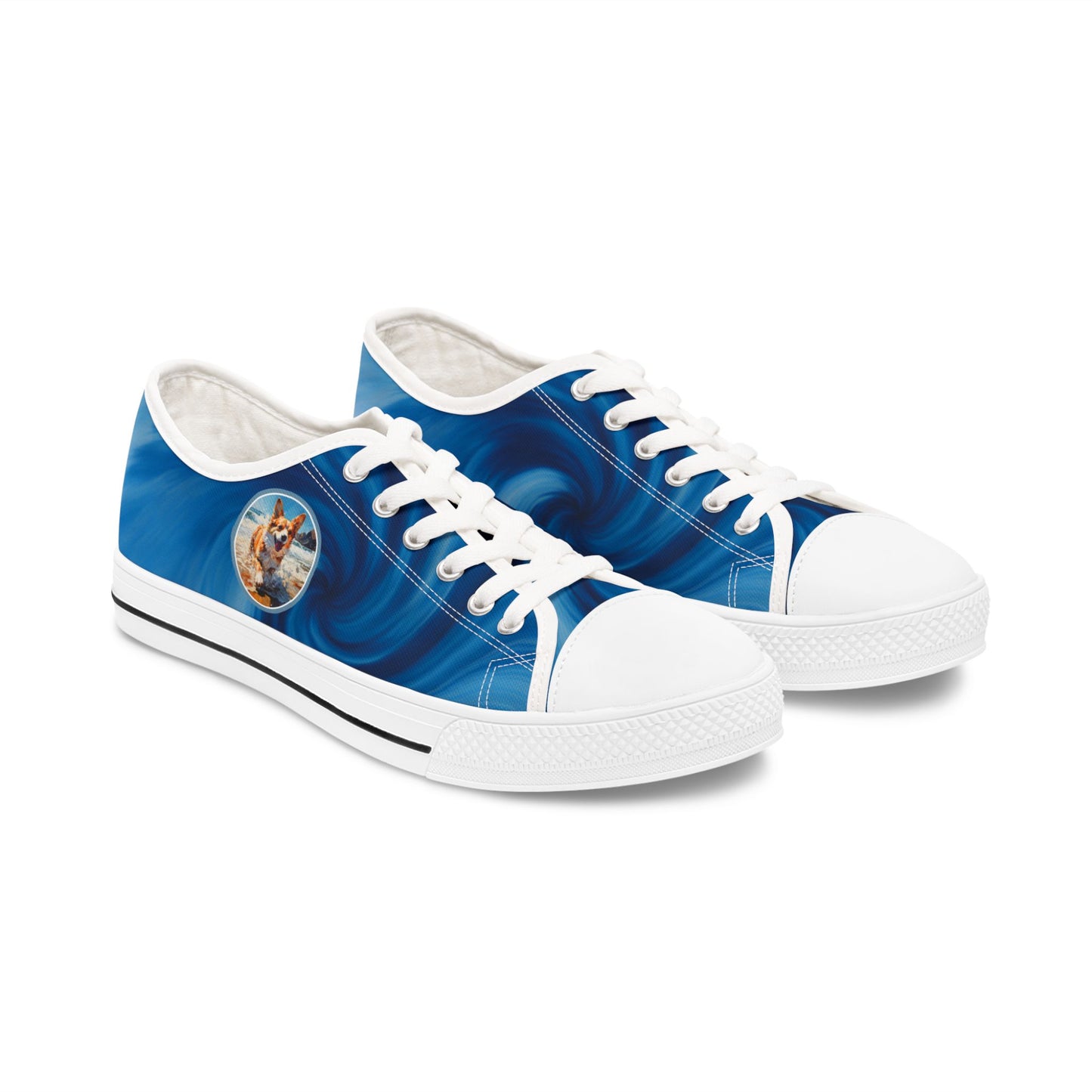 Coastal Corgi Blue Swirl Women's Low Top Casual Canvas Sneakers