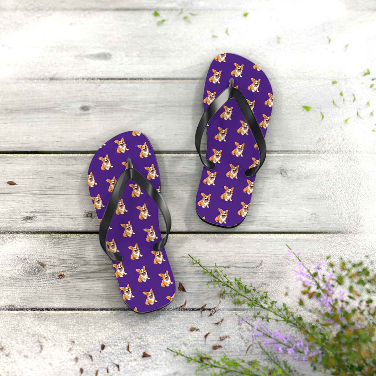 Jolly Jiggling Animated Corgi Flip-Flops - Purple Unisex Sandals