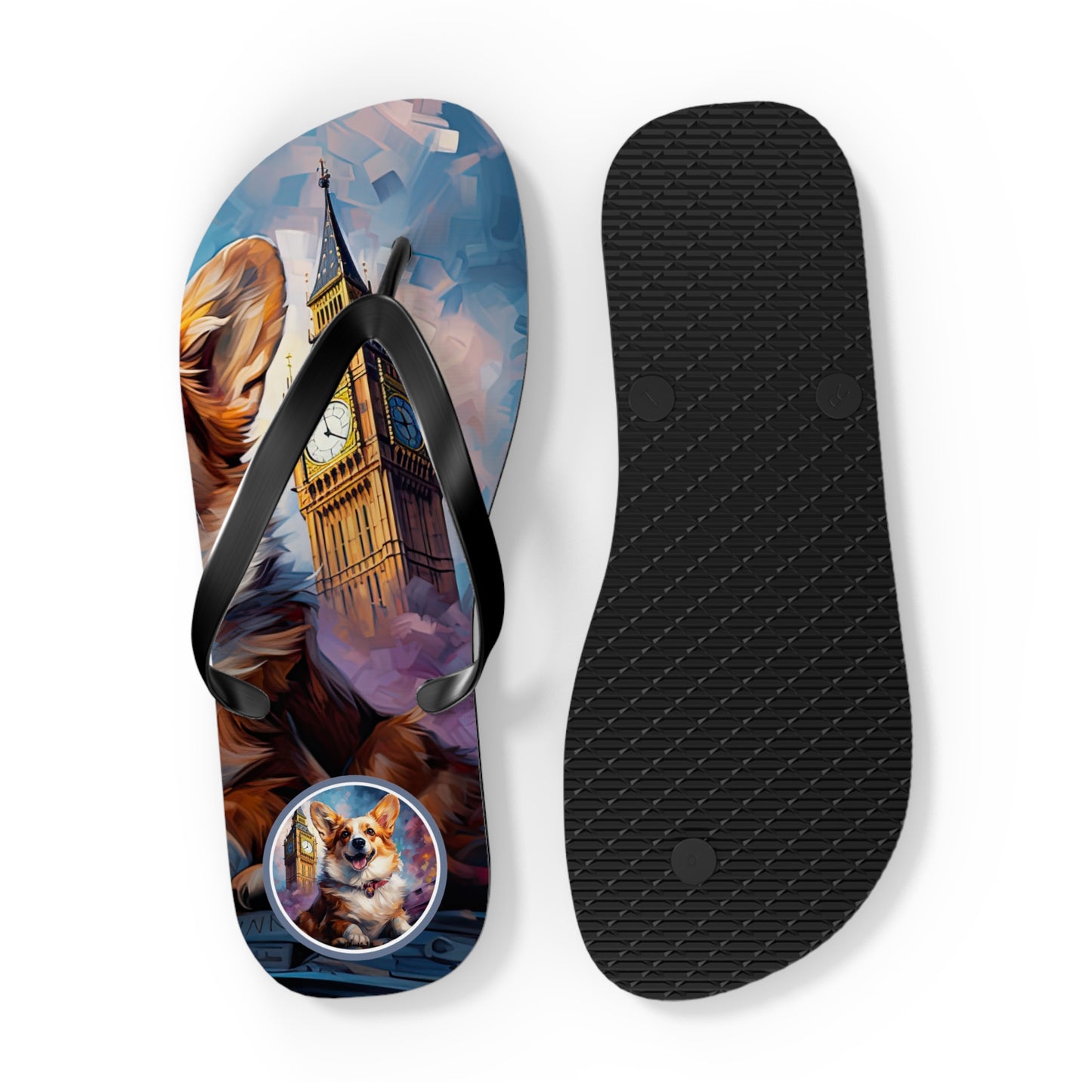 Corgi & Big Ben Artistic Unisex Flip Flops — London Themed Corgi Sandals