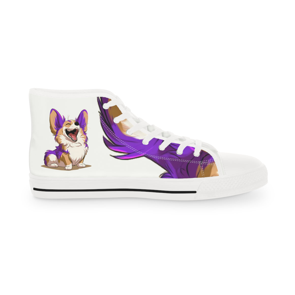 Purple Patch Men's High-Top Sneakers - Carefree Corgi on Marzipan White Canvas with Very Violet Fur-Effect Accents