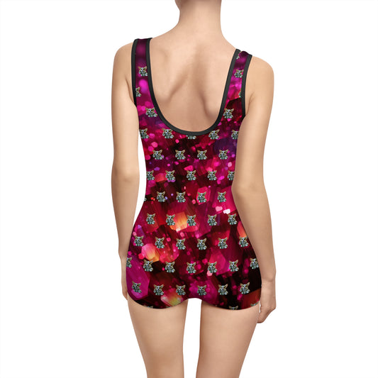 Baby Corgi Star Warrior Vintage One-Piece Swimsuit - Black Red & Purple Galaxy Glitter Bathing Suit