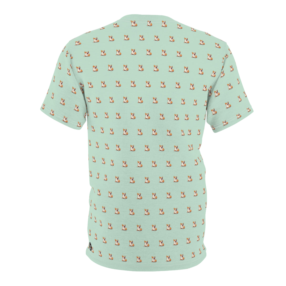 Sit Down Comedian Unisex Bold Designer Tee — Comical Corgi Repeater on Seafoam Sorbet