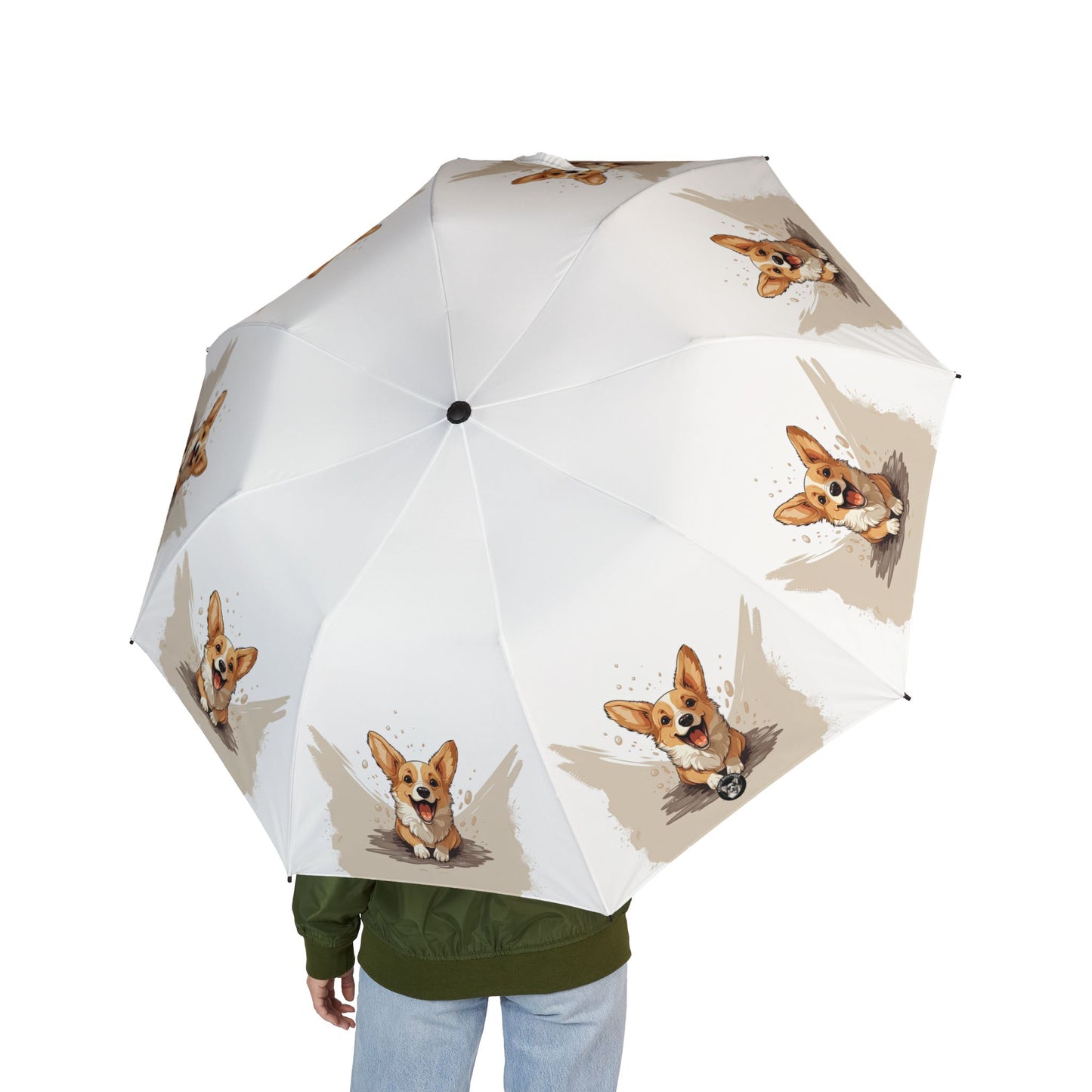 Corgi Cuteness Anime Foldable Umbrella — Beige & White Rain Parasol