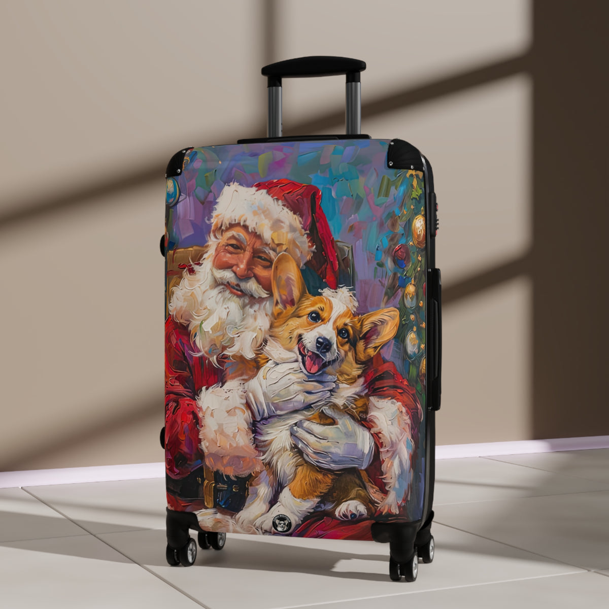 Christmas Corgi & Santa's Hug Travel Suitcases — Festive Holiday Rolling Luggage