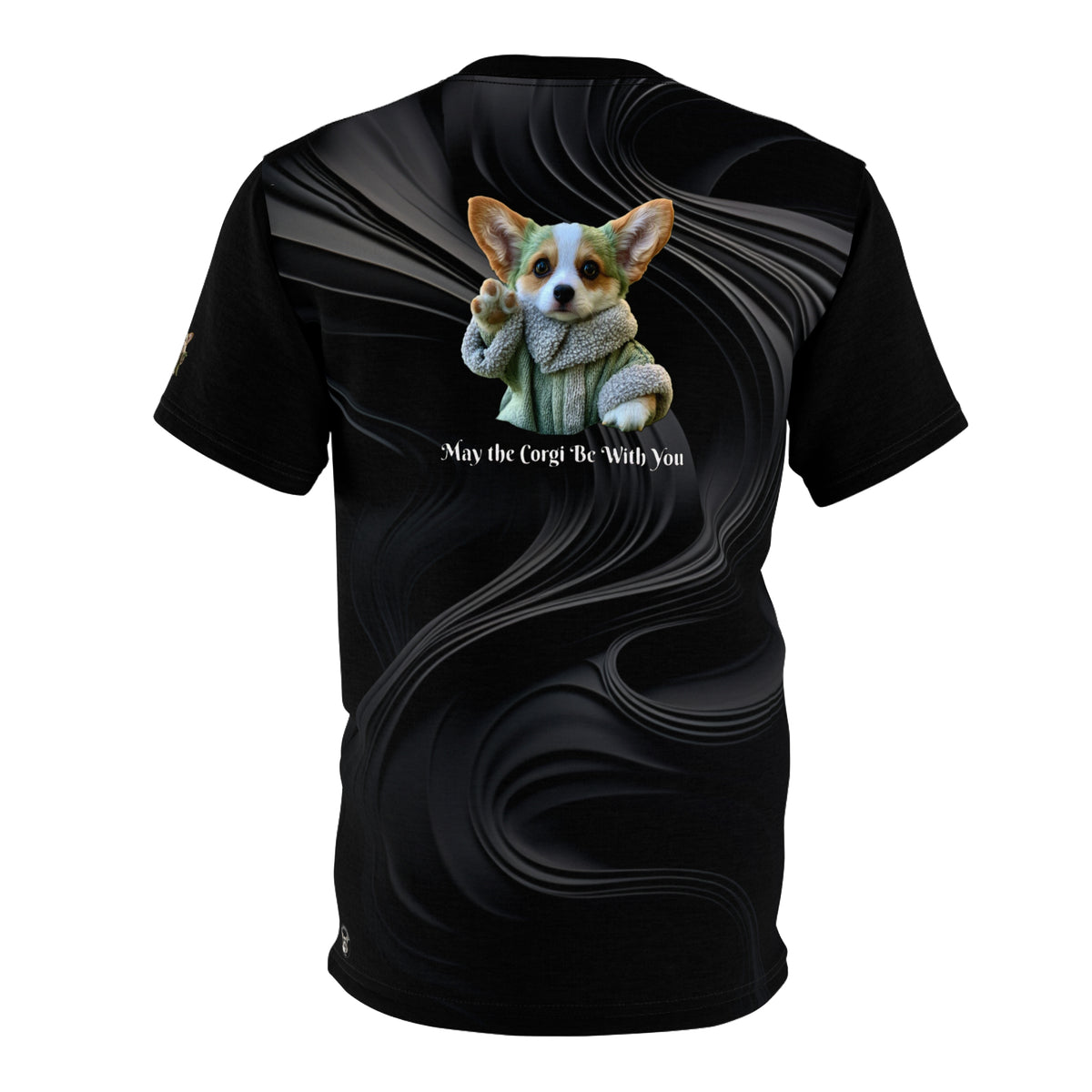 May the Corgi Be With You Unisex Bold Fashion Tee - Swirling Deep Space Black Graphic Corgi Shirt