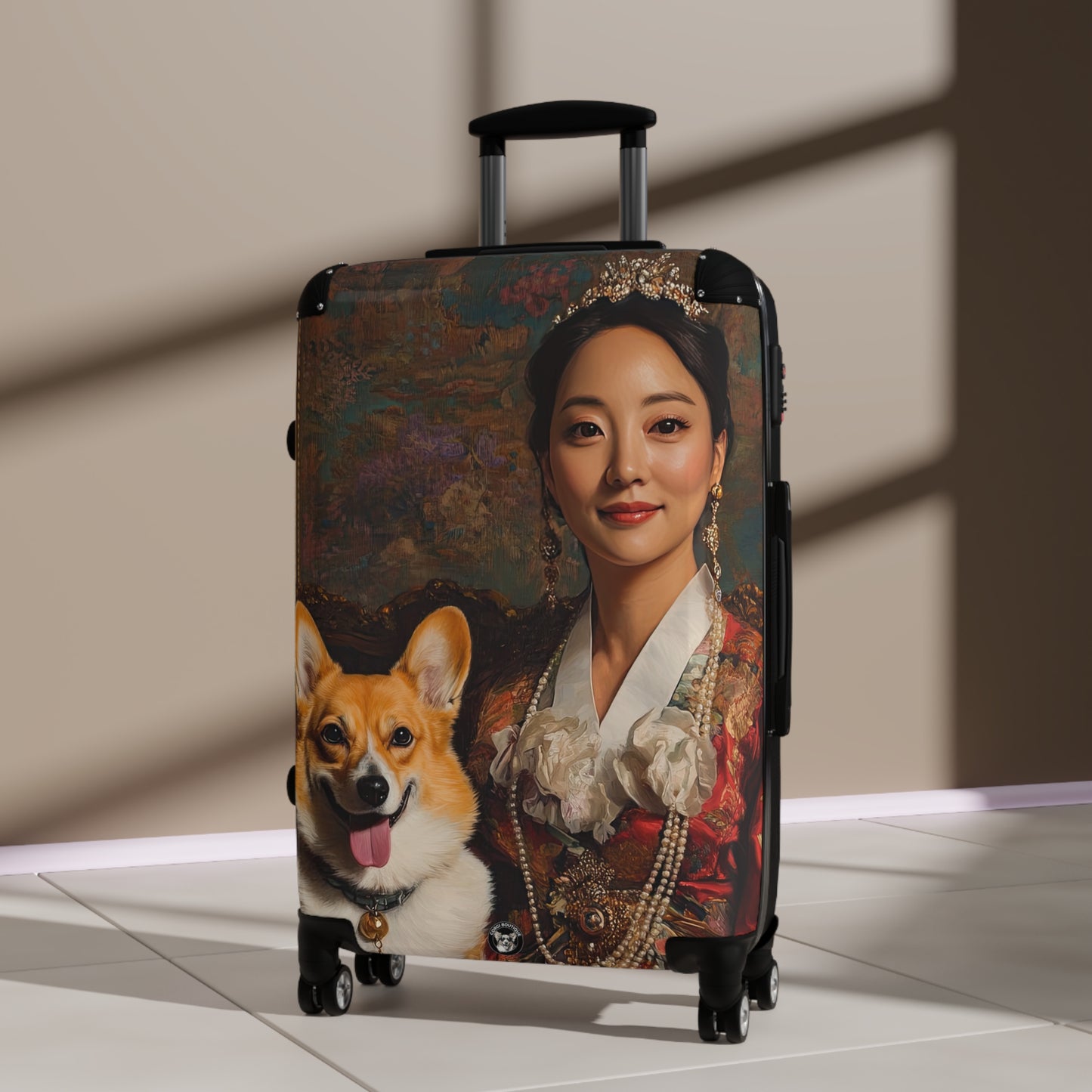 Queen Of The Corgis Custom Portrait Travel Suitcases – Regal Corgi Rolling Luggage