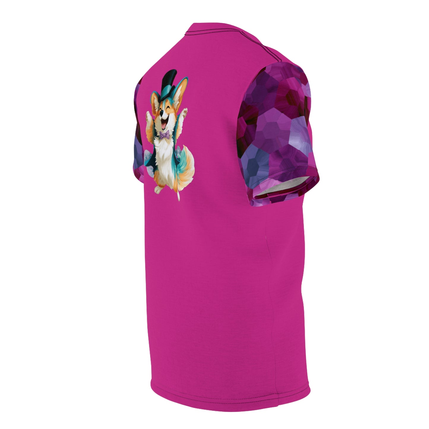 Party Pup Artistic Corgi Fuchsia Bold Fashion Tee with Colorful Geometric Sleeves — Cute Corgi Illustration