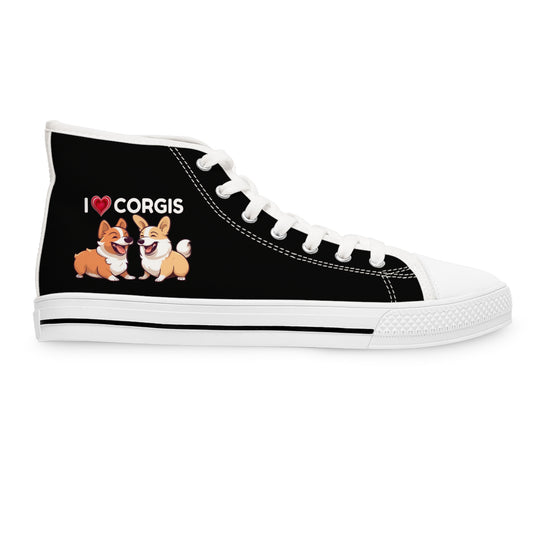 I Heart Corgis Women's High Top Casual Black Canvas Sneakers with Two Corgi Best Buds