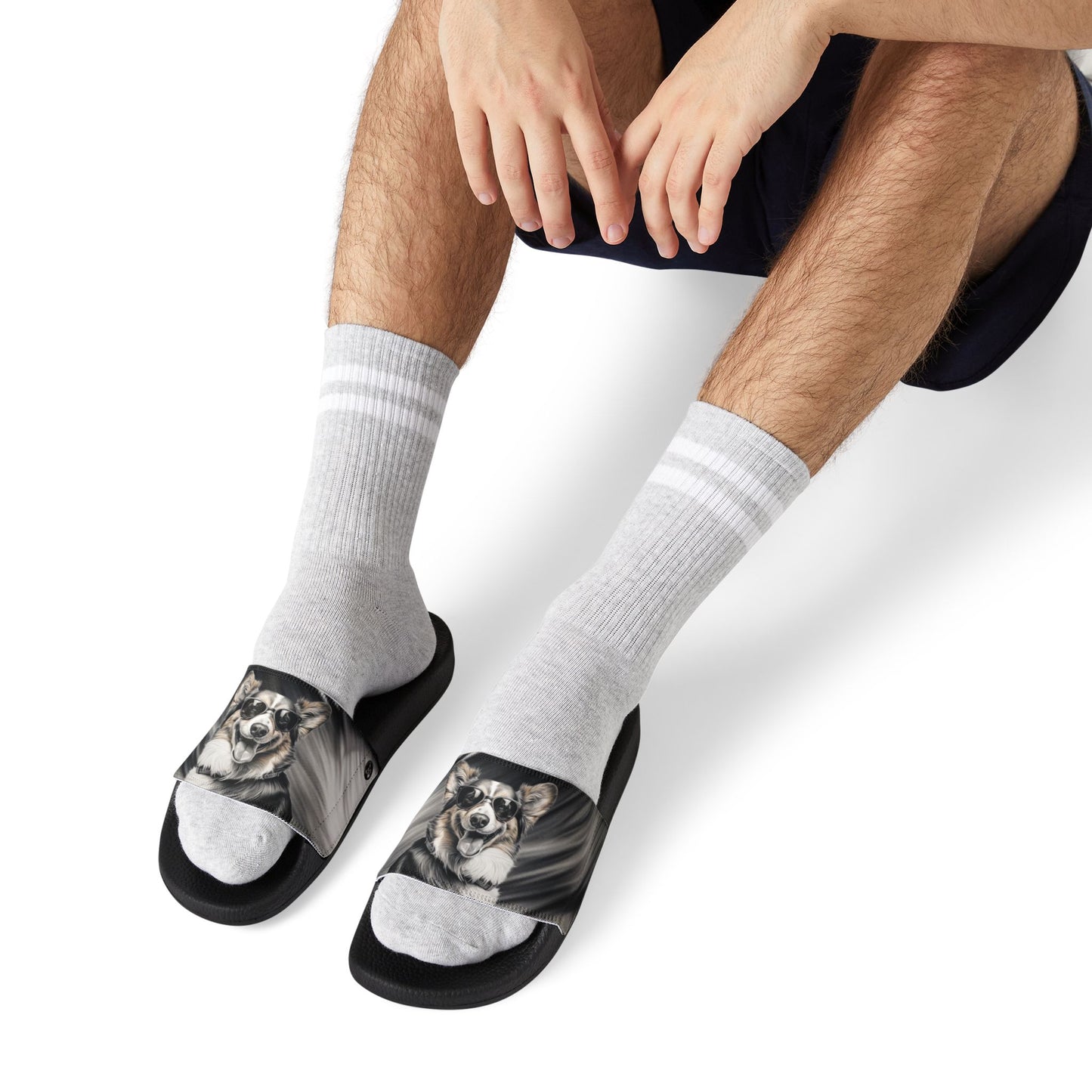 Corgi Cool Portrait in Shades Men's Black & White Slide Sandals - Casual Pool & Beach Slides