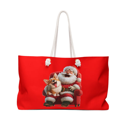 Christmas Corgi Sitting on Santa's Lap Weekender Beach Bag – Holiday Corgi Travel Tote
