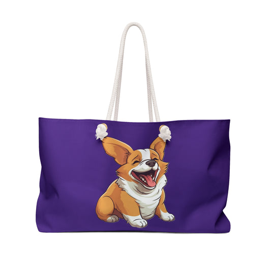 Jolly Jiggling Animated Corgi Weekender Beach Bag – Purple Corgi Travel Tote