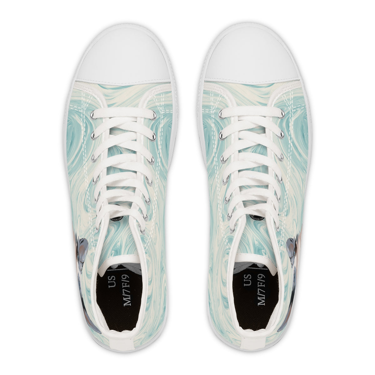 Blue Merle Majesty Women's High-Top Sneakers - Cool Blue Corgi on Swirling Aqua & Alabaster Cream Canvas
