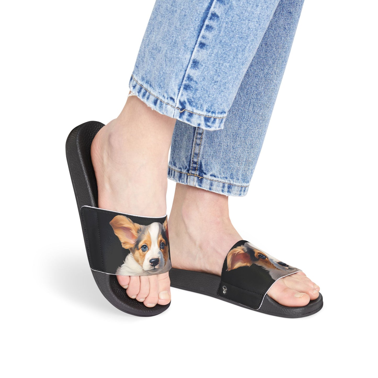 Puppy Dog Eyes Corgi Portrait Women's Casual Black Slide Sandals - Pool & Beach Slides