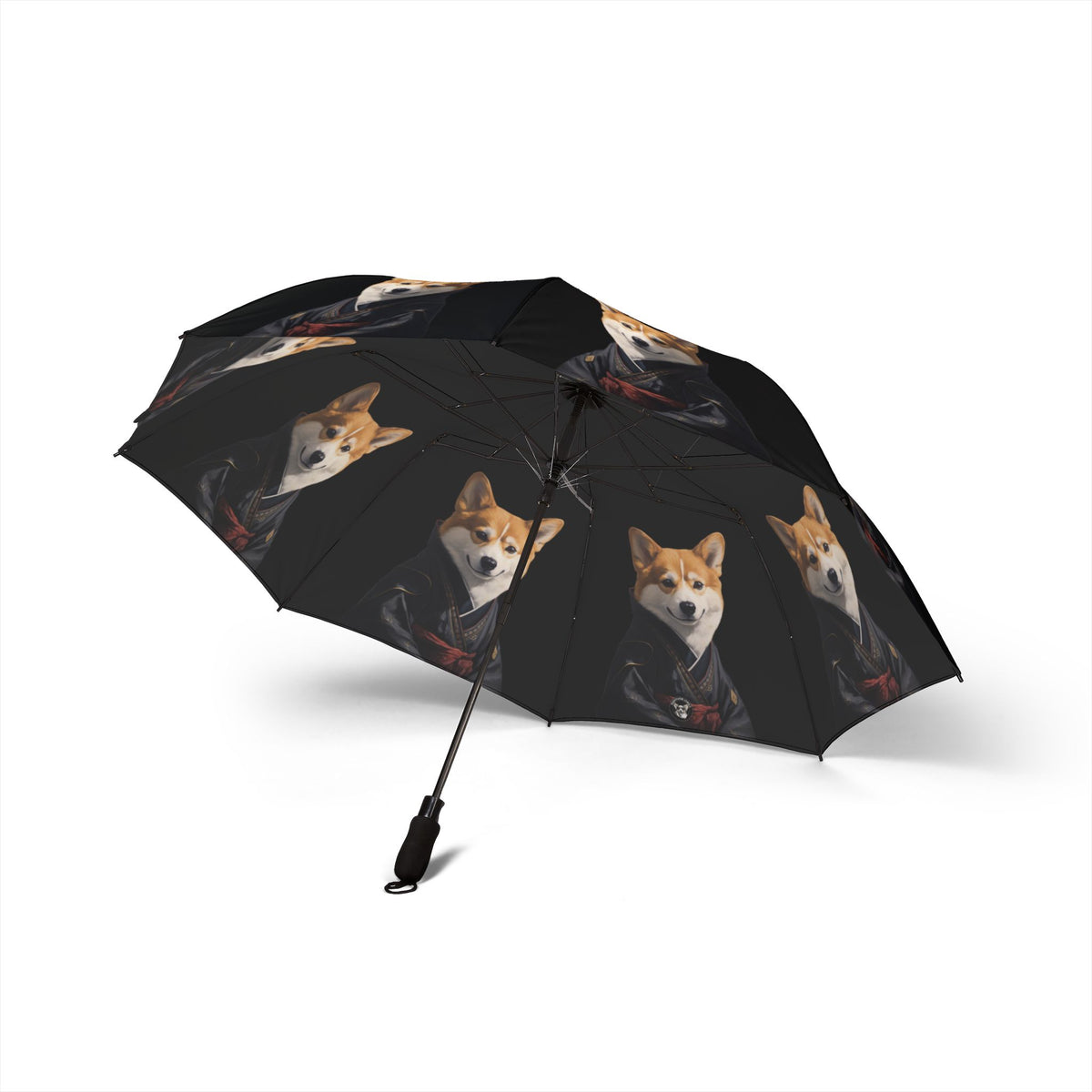 Samurai Corgi Portrait Foldable Umbrella — Japanese Theme Compact Rain Parasol
