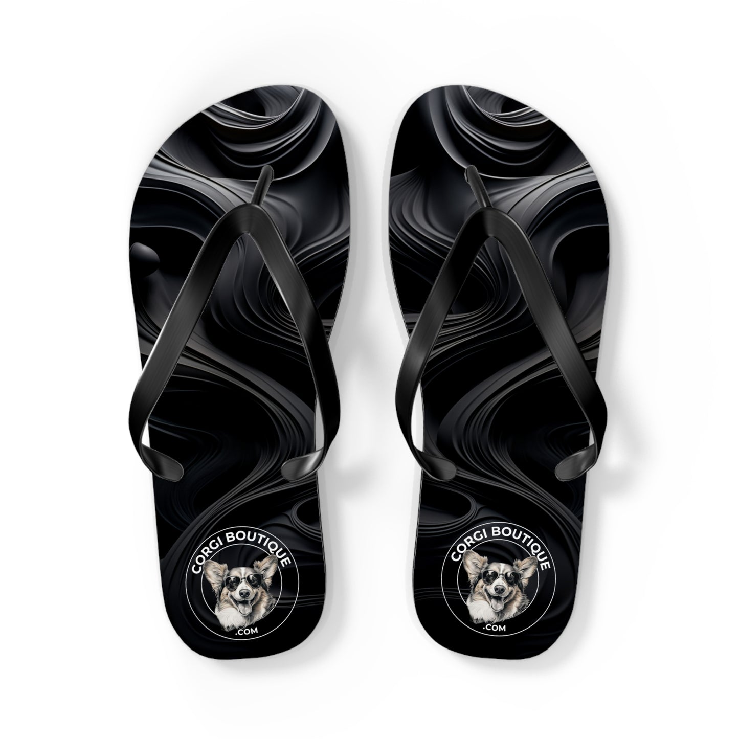 Corgi Boutique Black Swirl Flip Flops with our Custom Logo — Stylish Beach & Pool Sandals
