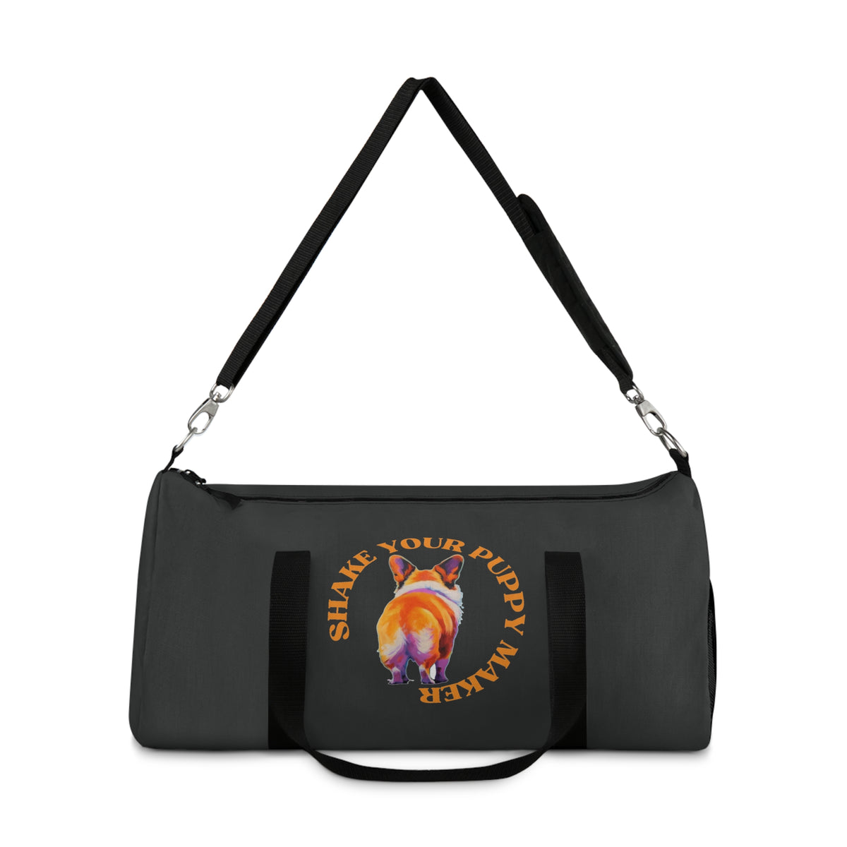 Shake Your Puppy Maker Duffel Bag - Fun Corgi Humor Charcoal Travel Gym Bag
