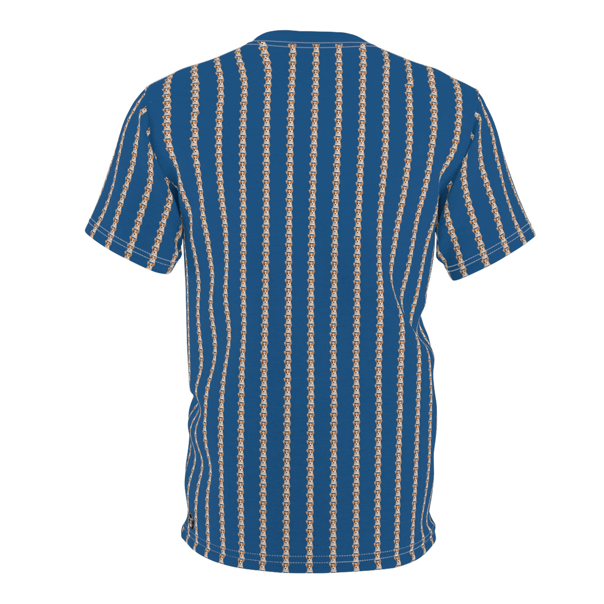 Ethereal Gaze Pinstripes Unisex Bold Designer Tee - Tiny Cute Corgi Face Motif Beyond Belief on Daytona Dusk