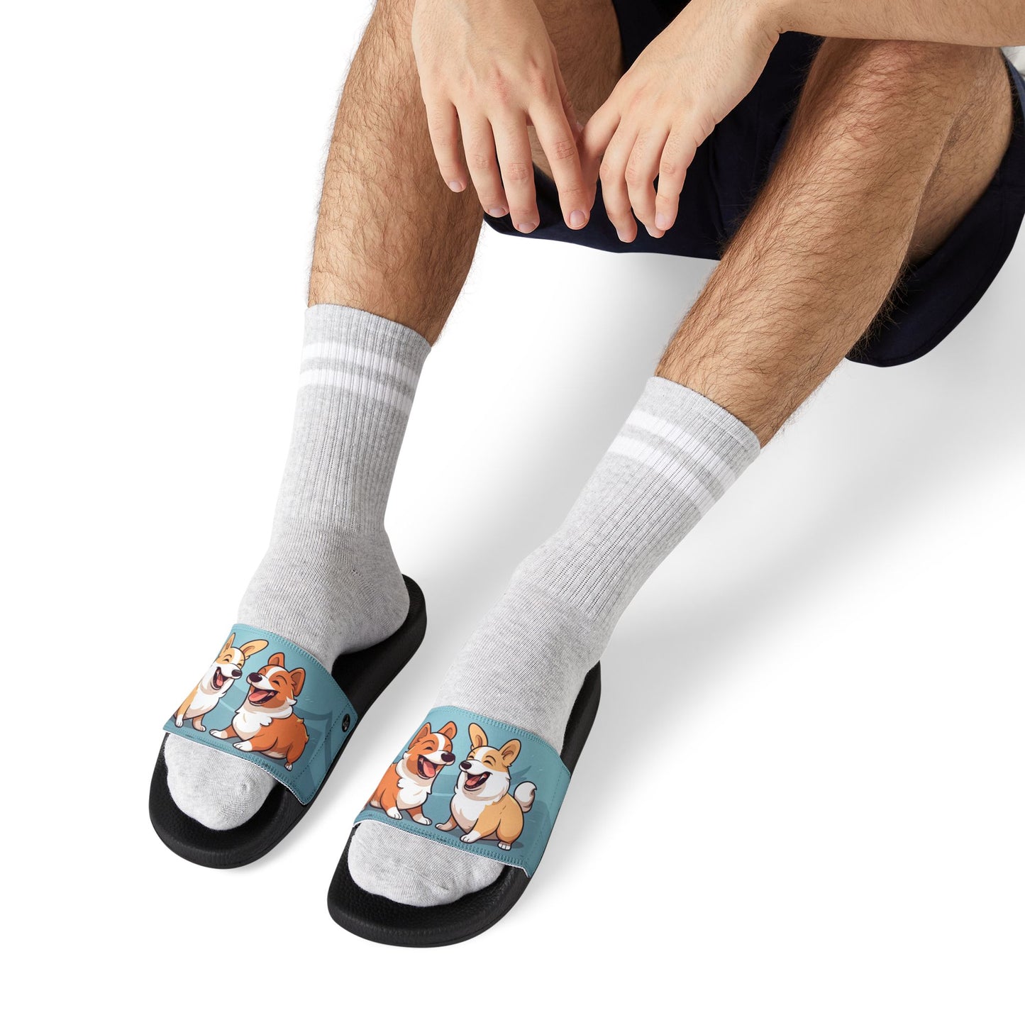 Best Mates Men's Slide Sandals with Two Corgi Pals - Removeable/Adjustable Strap Summer Slides
