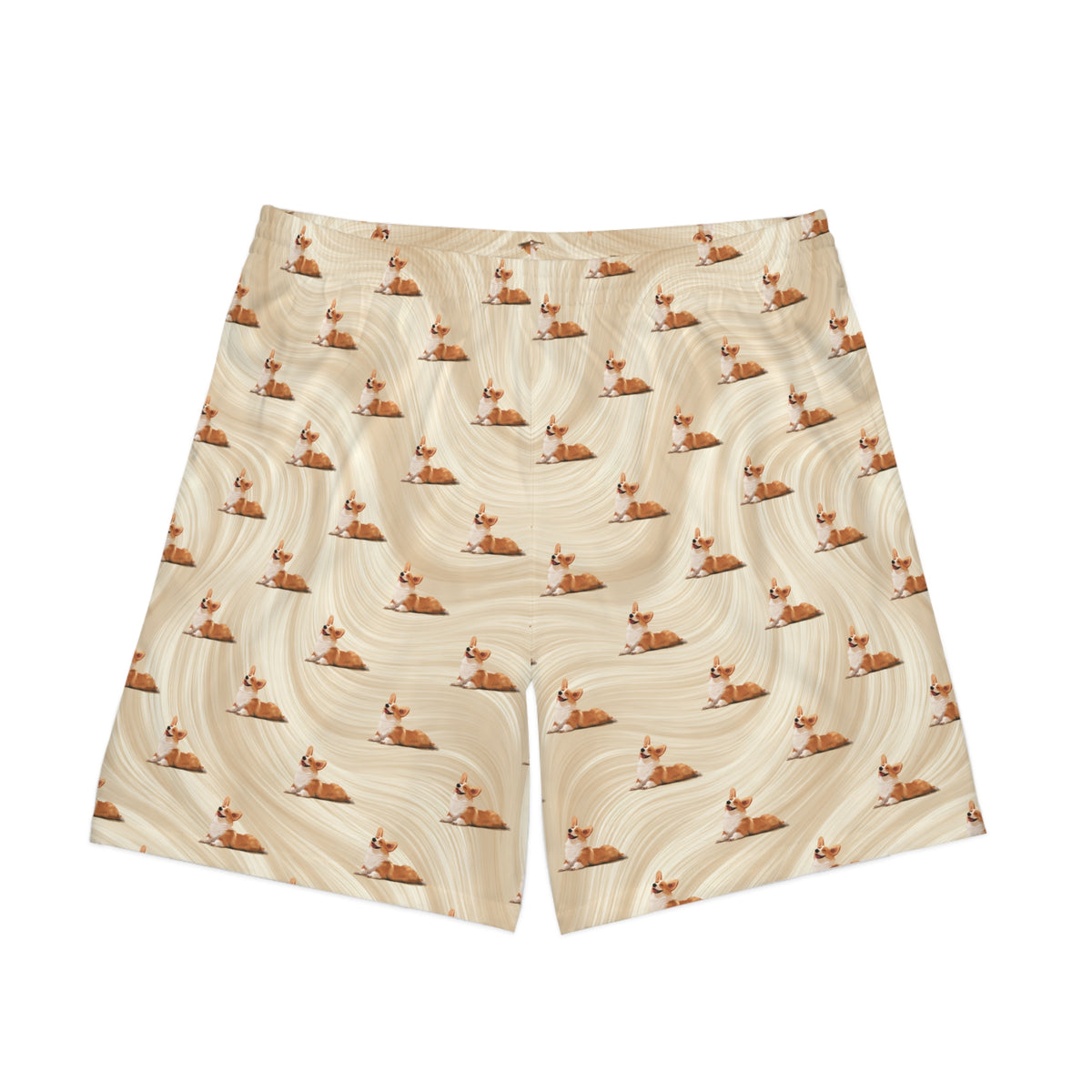 Giddy Sploot Board Shorts - Rich Creamy Champagne Corgi Theme Swimsuit